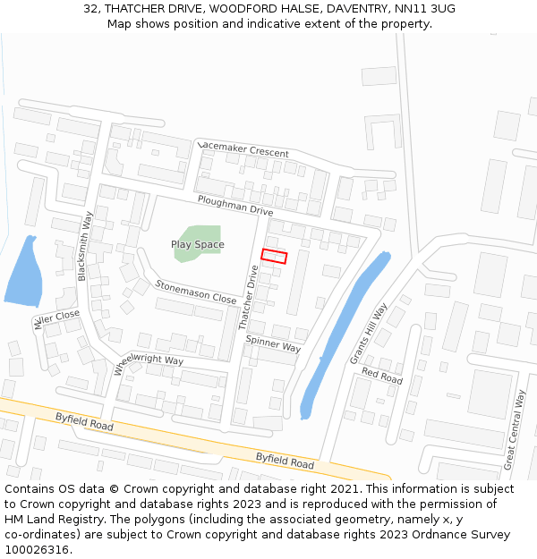 32, THATCHER DRIVE, WOODFORD HALSE, DAVENTRY, NN11 3UG: Location map and indicative extent of plot