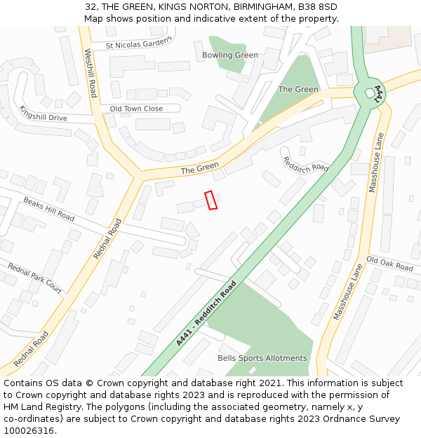 32, THE GREEN, KINGS NORTON, BIRMINGHAM, B38 8SD: Location map and indicative extent of plot