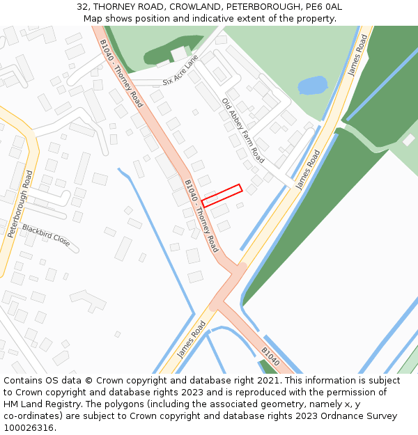 32, THORNEY ROAD, CROWLAND, PETERBOROUGH, PE6 0AL: Location map and indicative extent of plot