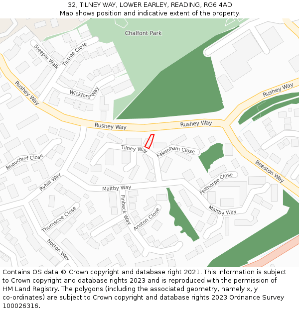 32, TILNEY WAY, LOWER EARLEY, READING, RG6 4AD: Location map and indicative extent of plot