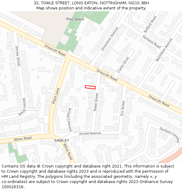 32, TOWLE STREET, LONG EATON, NOTTINGHAM, NG10 3BH: Location map and indicative extent of plot