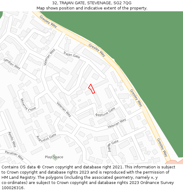 32, TRAJAN GATE, STEVENAGE, SG2 7QG: Location map and indicative extent of plot