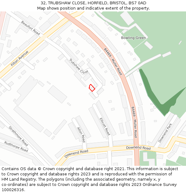 32, TRUBSHAW CLOSE, HORFIELD, BRISTOL, BS7 0AD: Location map and indicative extent of plot