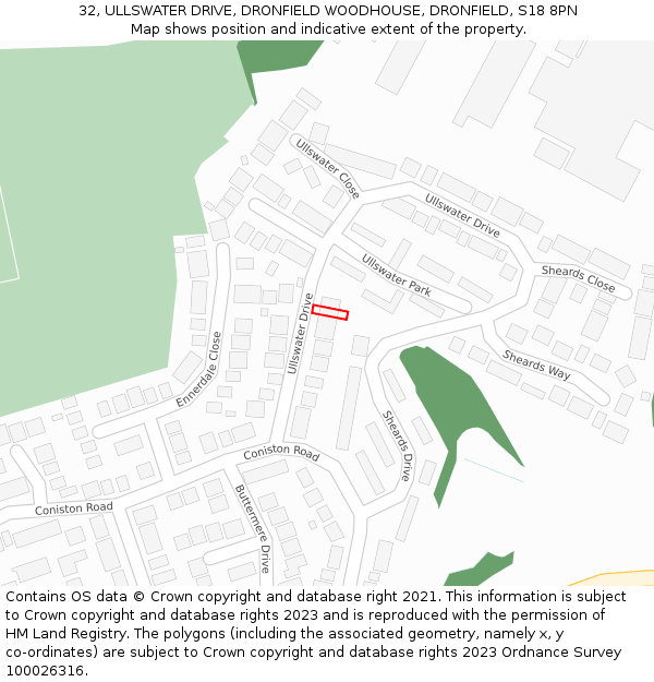 32, ULLSWATER DRIVE, DRONFIELD WOODHOUSE, DRONFIELD, S18 8PN: Location map and indicative extent of plot
