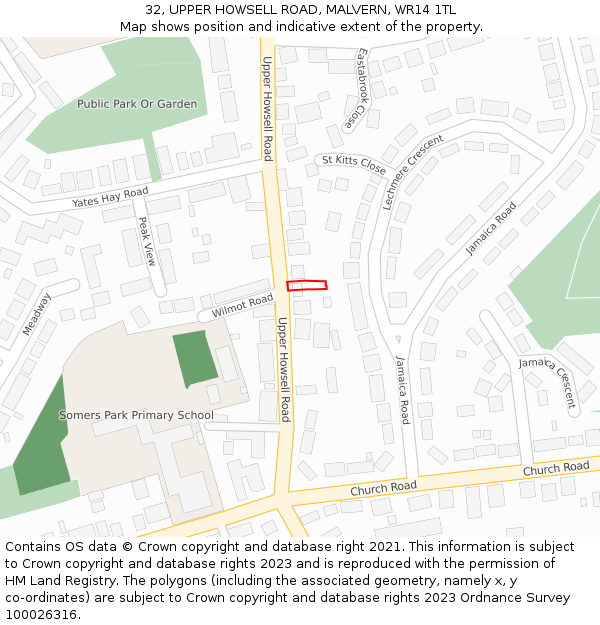 32, UPPER HOWSELL ROAD, MALVERN, WR14 1TL: Location map and indicative extent of plot