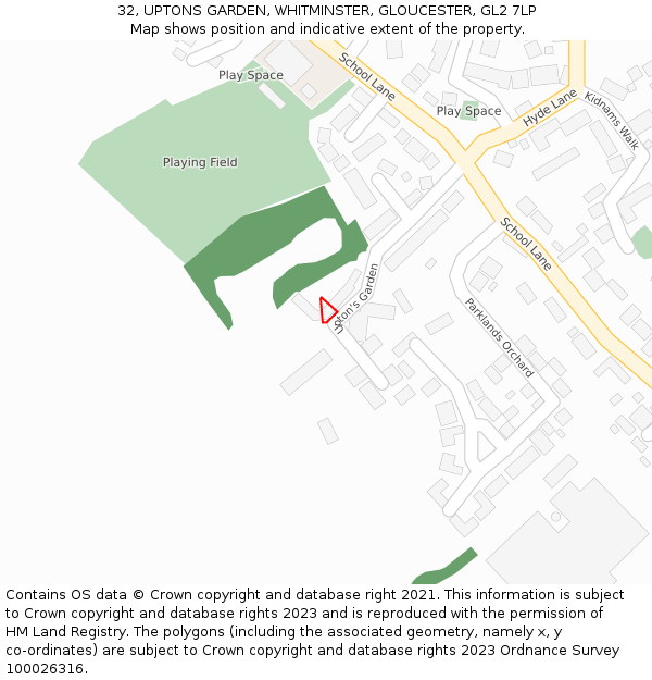 32, UPTONS GARDEN, WHITMINSTER, GLOUCESTER, GL2 7LP: Location map and indicative extent of plot