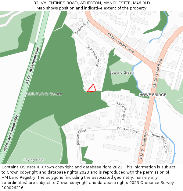 32, VALENTINES ROAD, ATHERTON, MANCHESTER, M46 0LD: Location map and indicative extent of plot