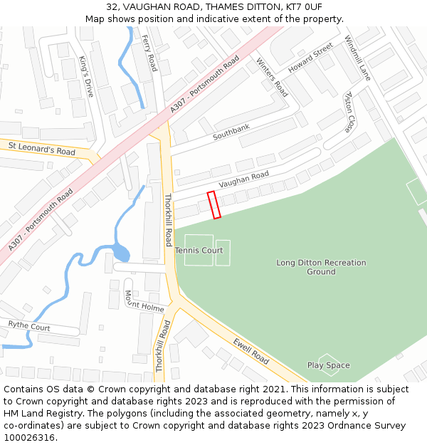 32, VAUGHAN ROAD, THAMES DITTON, KT7 0UF: Location map and indicative extent of plot