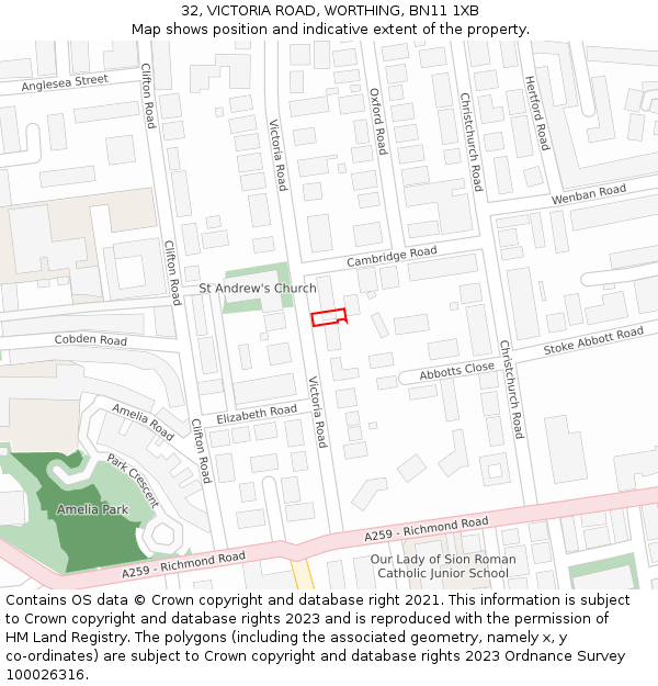 32, VICTORIA ROAD, WORTHING, BN11 1XB: Location map and indicative extent of plot