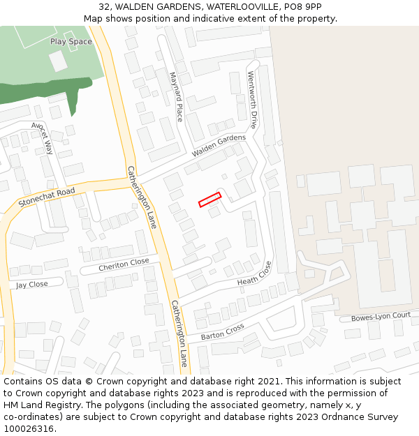 32, WALDEN GARDENS, WATERLOOVILLE, PO8 9PP: Location map and indicative extent of plot