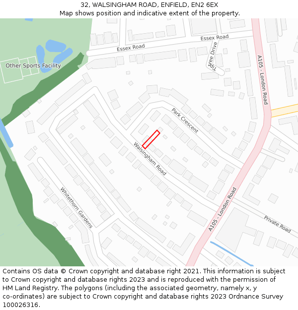 32, WALSINGHAM ROAD, ENFIELD, EN2 6EX: Location map and indicative extent of plot