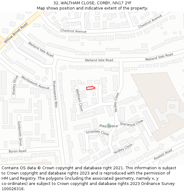 32, WALTHAM CLOSE, CORBY, NN17 2YF: Location map and indicative extent of plot