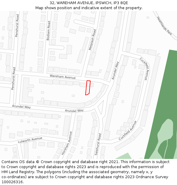 32, WAREHAM AVENUE, IPSWICH, IP3 8QE: Location map and indicative extent of plot