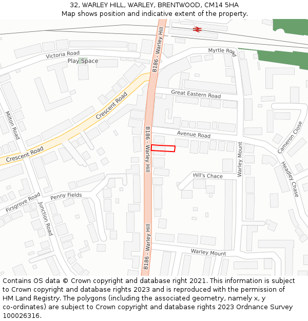 32, WARLEY HILL, WARLEY, BRENTWOOD, CM14 5HA: Location map and indicative extent of plot