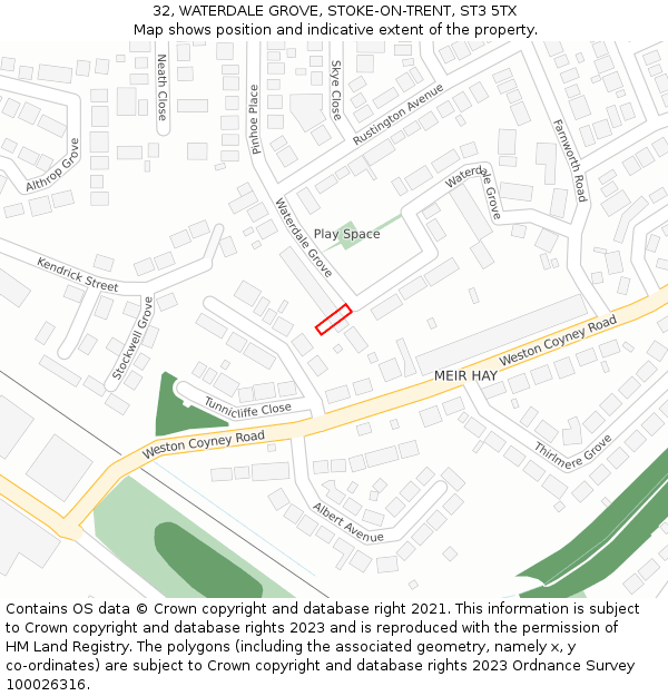 32, WATERDALE GROVE, STOKE-ON-TRENT, ST3 5TX: Location map and indicative extent of plot
