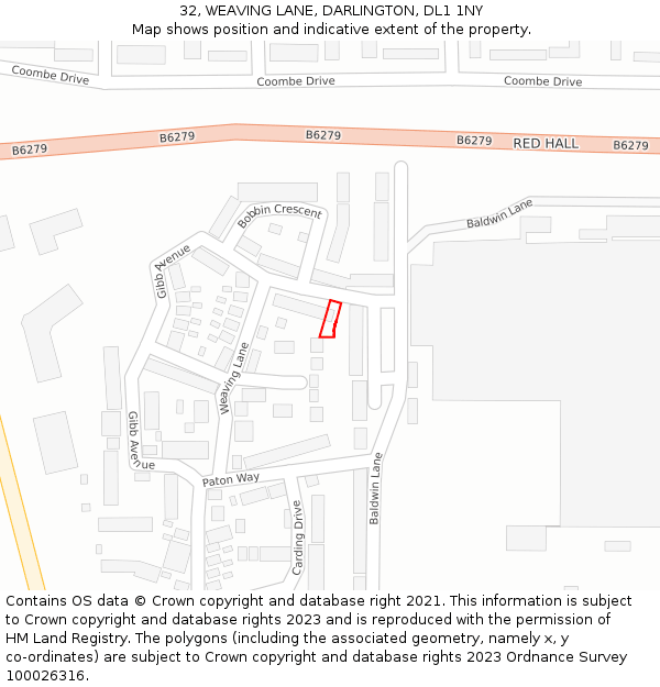 32, WEAVING LANE, DARLINGTON, DL1 1NY: Location map and indicative extent of plot