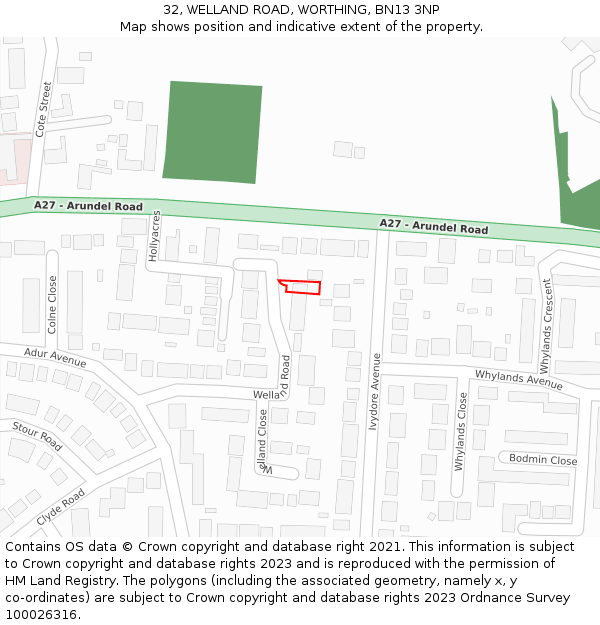 32, WELLAND ROAD, WORTHING, BN13 3NP: Location map and indicative extent of plot