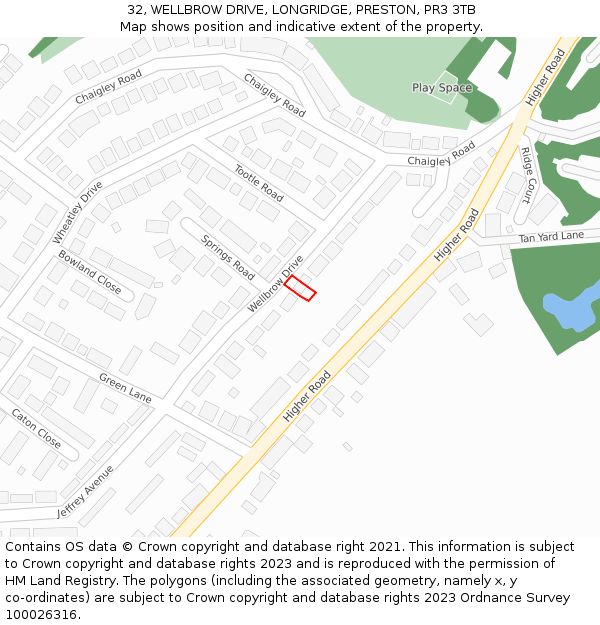 32, WELLBROW DRIVE, LONGRIDGE, PRESTON, PR3 3TB: Location map and indicative extent of plot