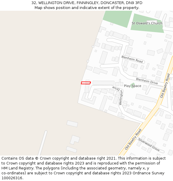 32, WELLINGTON DRIVE, FINNINGLEY, DONCASTER, DN9 3FD: Location map and indicative extent of plot