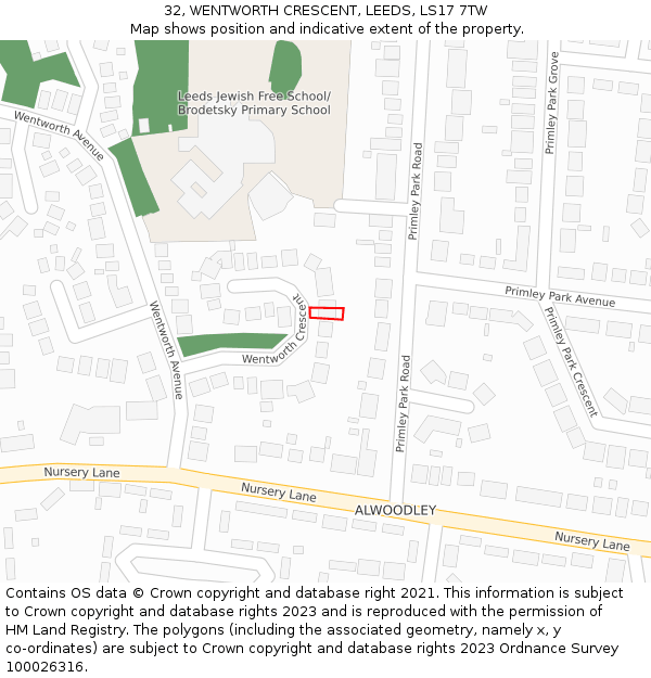 32, WENTWORTH CRESCENT, LEEDS, LS17 7TW: Location map and indicative extent of plot