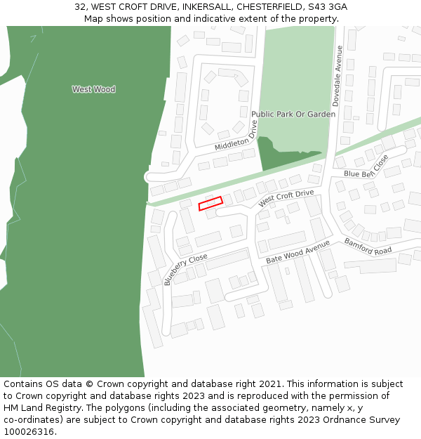 32, WEST CROFT DRIVE, INKERSALL, CHESTERFIELD, S43 3GA: Location map and indicative extent of plot