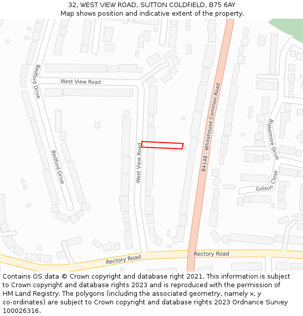 32, WEST VIEW ROAD, SUTTON COLDFIELD, B75 6AY: Location map and indicative extent of plot