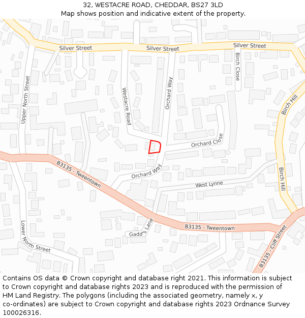 32, WESTACRE ROAD, CHEDDAR, BS27 3LD: Location map and indicative extent of plot