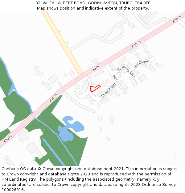 32, WHEAL ALBERT ROAD, GOONHAVERN, TRURO, TR4 9FF: Location map and indicative extent of plot