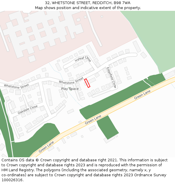 32, WHETSTONE STREET, REDDITCH, B98 7WA: Location map and indicative extent of plot