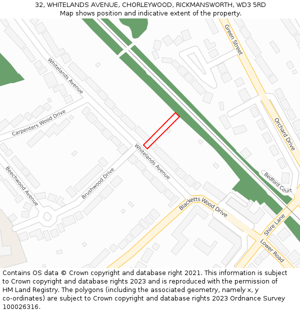 32, WHITELANDS AVENUE, CHORLEYWOOD, RICKMANSWORTH, WD3 5RD: Location map and indicative extent of plot