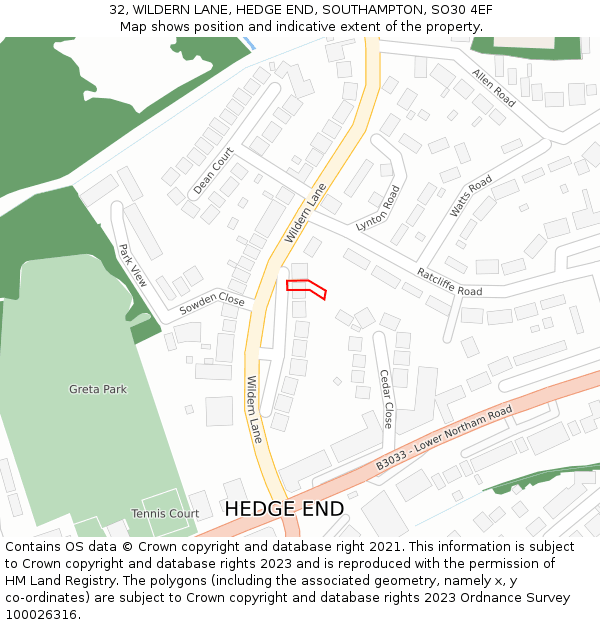 32, WILDERN LANE, HEDGE END, SOUTHAMPTON, SO30 4EF: Location map and indicative extent of plot
