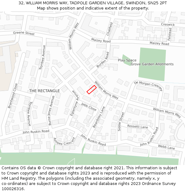 32, WILLIAM MORRIS WAY, TADPOLE GARDEN VILLAGE, SWINDON, SN25 2PT: Location map and indicative extent of plot