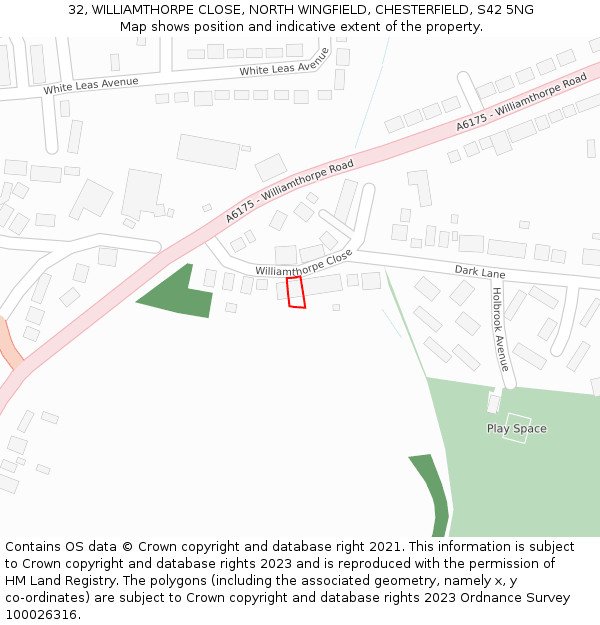 32, WILLIAMTHORPE CLOSE, NORTH WINGFIELD, CHESTERFIELD, S42 5NG: Location map and indicative extent of plot