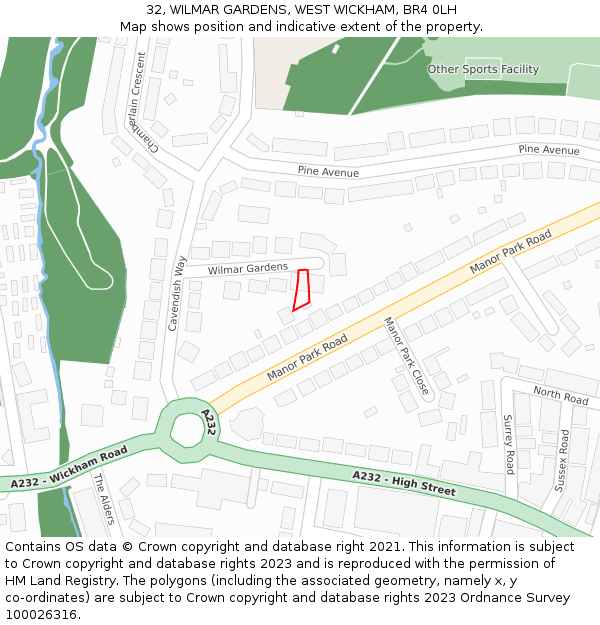 32, WILMAR GARDENS, WEST WICKHAM, BR4 0LH: Location map and indicative extent of plot