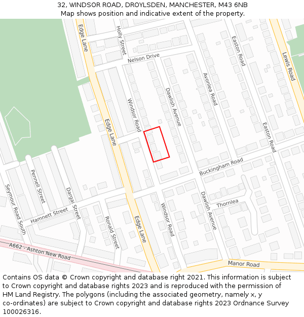 32, WINDSOR ROAD, DROYLSDEN, MANCHESTER, M43 6NB: Location map and indicative extent of plot
