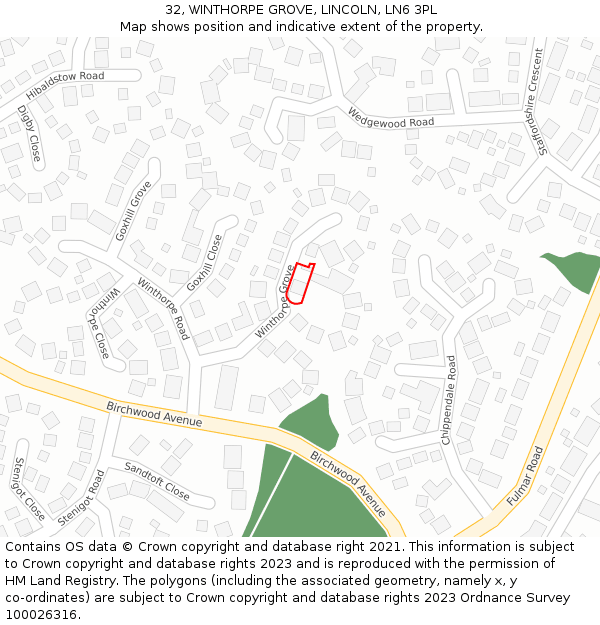 32, WINTHORPE GROVE, LINCOLN, LN6 3PL: Location map and indicative extent of plot