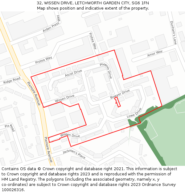 32, WISSEN DRIVE, LETCHWORTH GARDEN CITY, SG6 1FN: Location map and indicative extent of plot