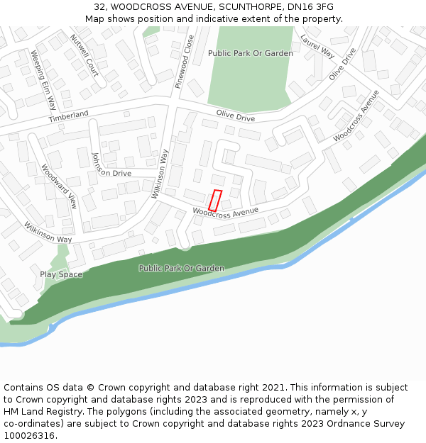 32, WOODCROSS AVENUE, SCUNTHORPE, DN16 3FG: Location map and indicative extent of plot