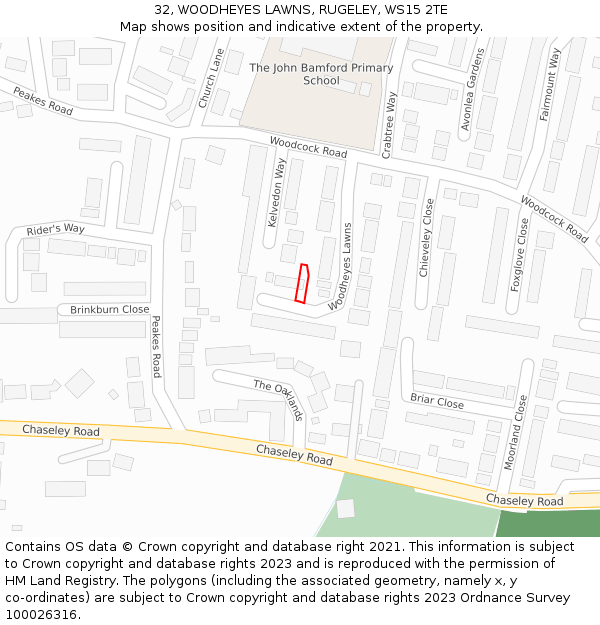 32, WOODHEYES LAWNS, RUGELEY, WS15 2TE: Location map and indicative extent of plot