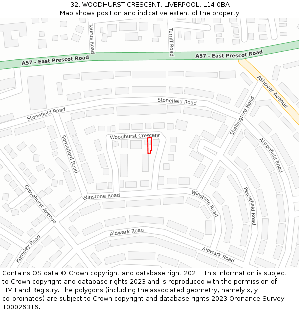 32, WOODHURST CRESCENT, LIVERPOOL, L14 0BA: Location map and indicative extent of plot