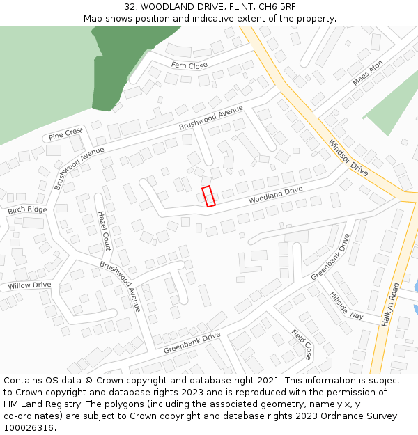 32, WOODLAND DRIVE, FLINT, CH6 5RF: Location map and indicative extent of plot