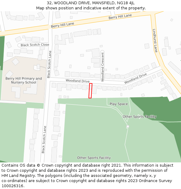 32, WOODLAND DRIVE, MANSFIELD, NG18 4JL: Location map and indicative extent of plot
