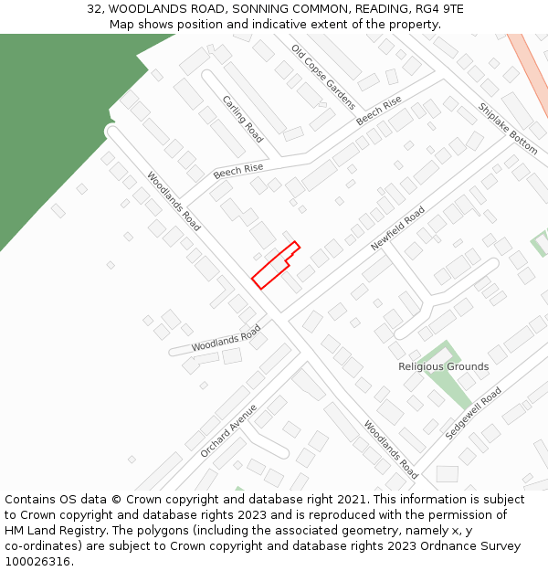 32, WOODLANDS ROAD, SONNING COMMON, READING, RG4 9TE: Location map and indicative extent of plot