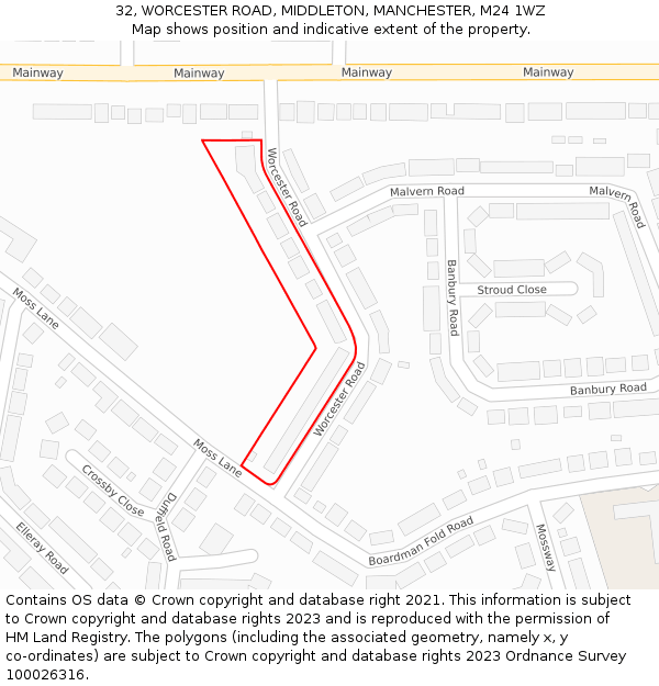 32, WORCESTER ROAD, MIDDLETON, MANCHESTER, M24 1WZ: Location map and indicative extent of plot