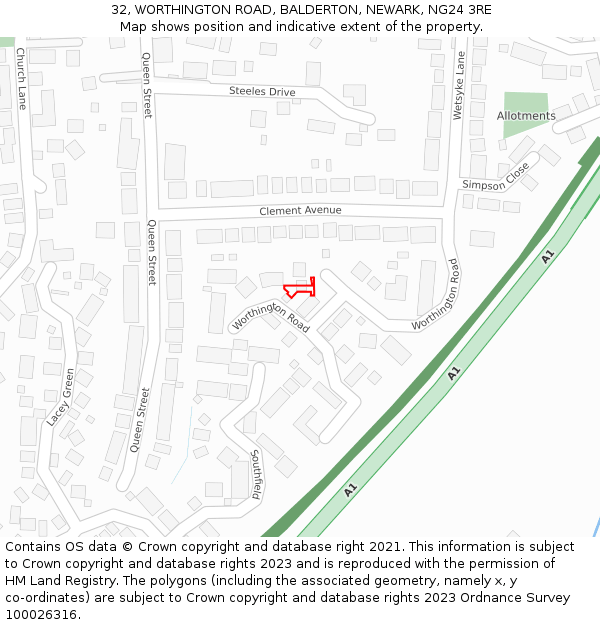 32, WORTHINGTON ROAD, BALDERTON, NEWARK, NG24 3RE: Location map and indicative extent of plot
