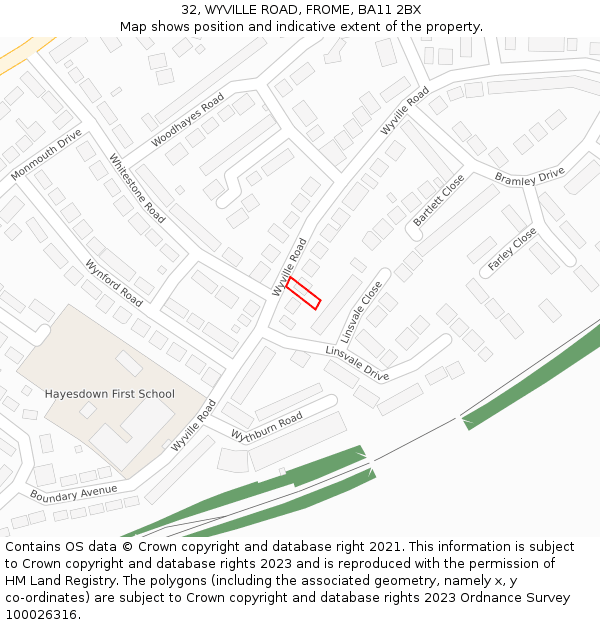 32, WYVILLE ROAD, FROME, BA11 2BX: Location map and indicative extent of plot