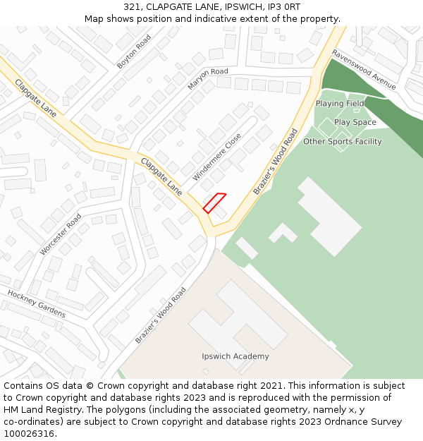 321, CLAPGATE LANE, IPSWICH, IP3 0RT: Location map and indicative extent of plot