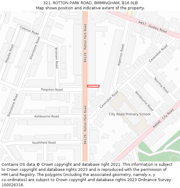 321, ROTTON PARK ROAD, BIRMINGHAM, B16 0LB: Location map and indicative extent of plot