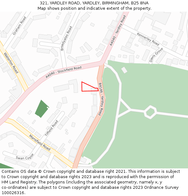 321, YARDLEY ROAD, YARDLEY, BIRMINGHAM, B25 8NA: Location map and indicative extent of plot