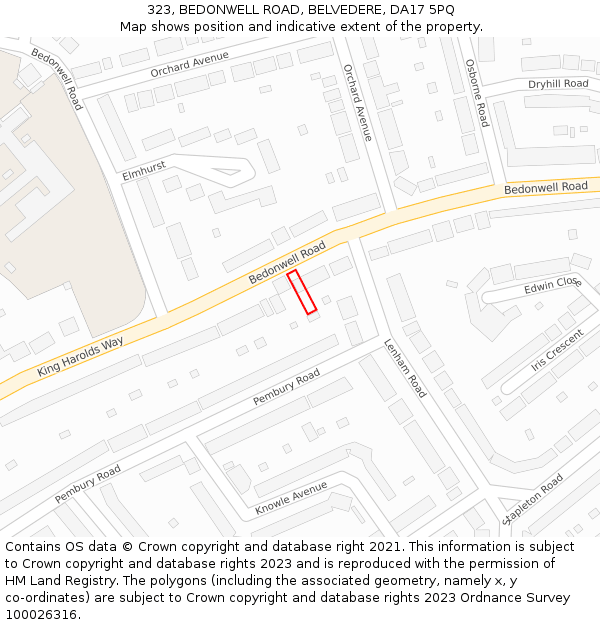 323, BEDONWELL ROAD, BELVEDERE, DA17 5PQ: Location map and indicative extent of plot